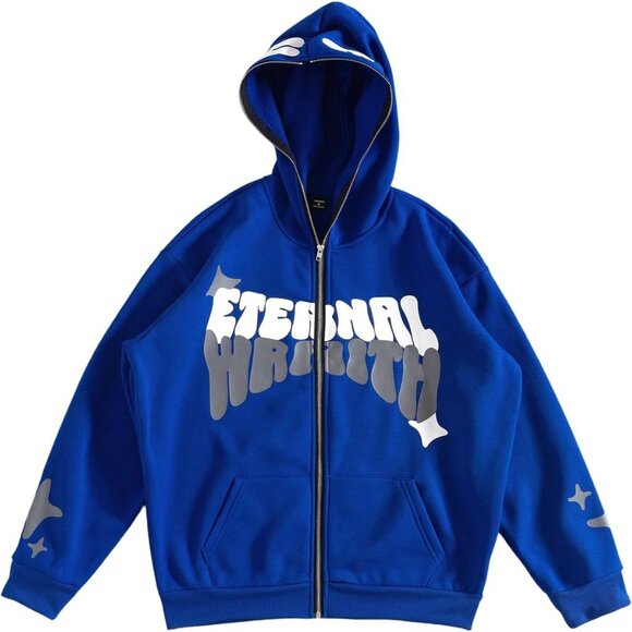 Chic Royal Blue Y2K Full Zip Hoodie with Graphic Print for Trendsetting Men